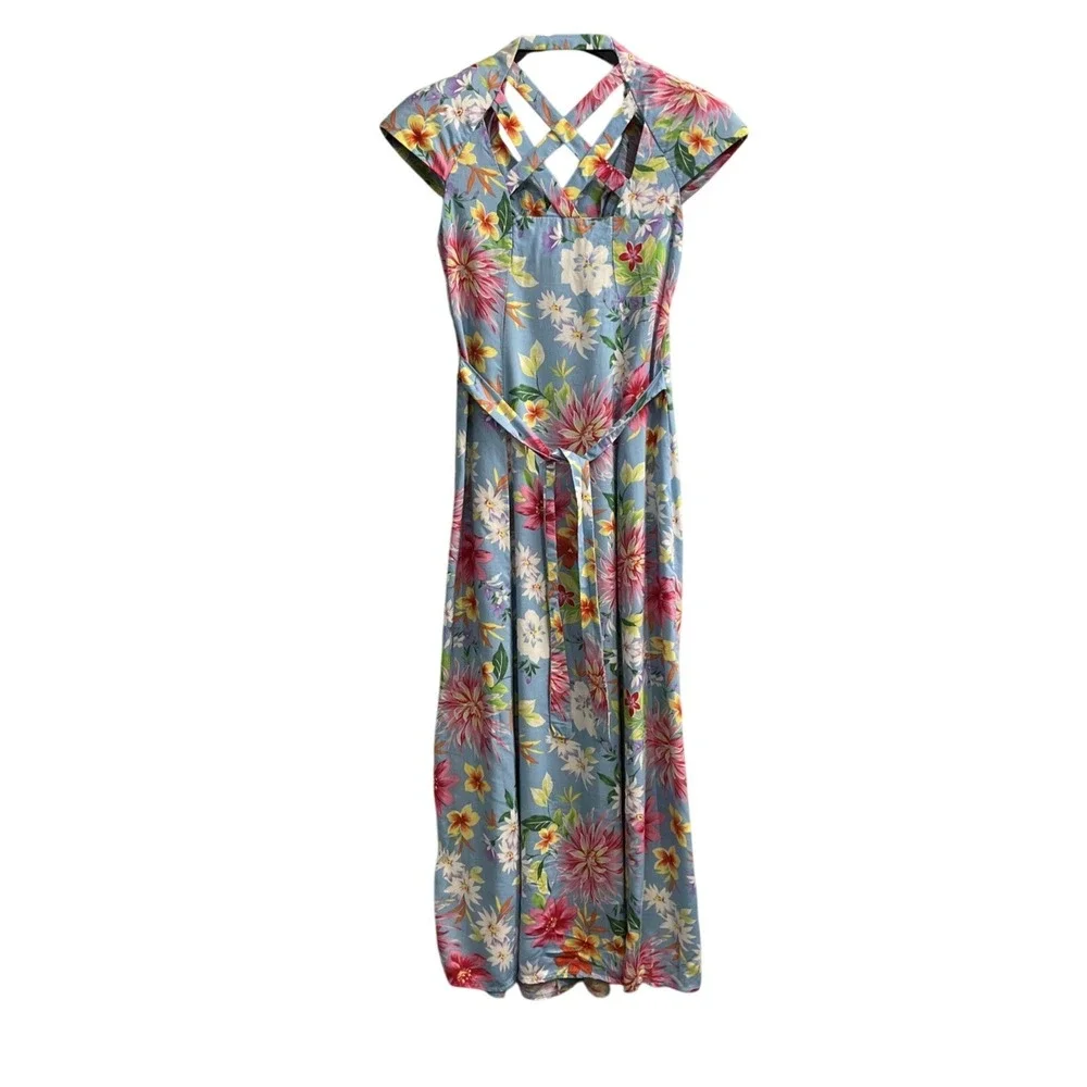 Vintage Scarlett Dress Womens 5/6 Blue Tropical‎ Floral Button Front Maxi Resort